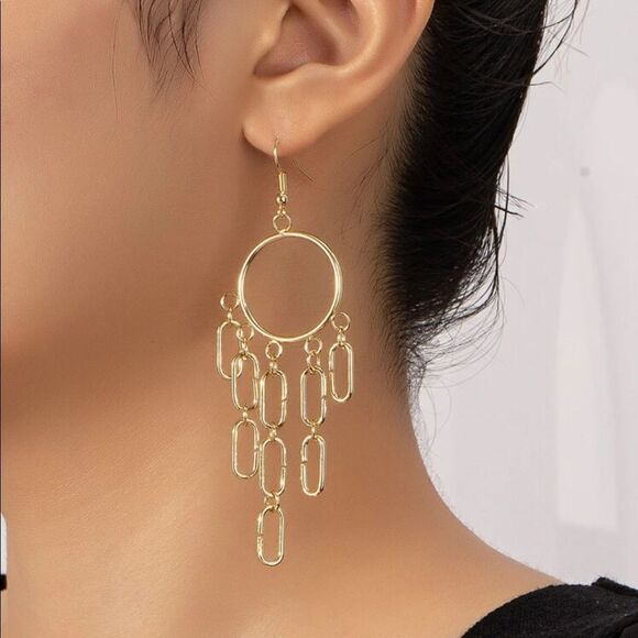 Gold Hoop Tassel Drop Earrings - Picture 1 of 2
